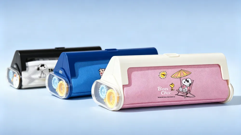 IP-customized gear-shaped pencil pouches in black, blue, and pink