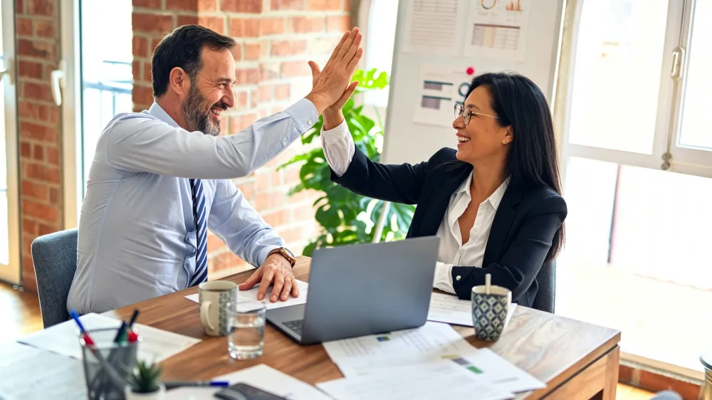 Business professionals high-fiving at a desk with a laptop and documents
