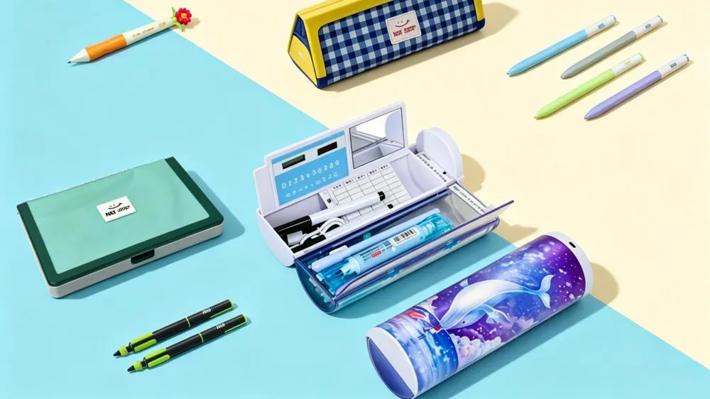 Assorted pencil cases displayed with pens and stationery